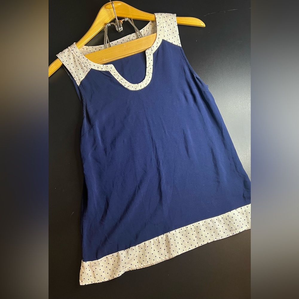 ModCloth Navy Blue with Cream Polka Dotted Trim Sleeveless Top Size Small EUC